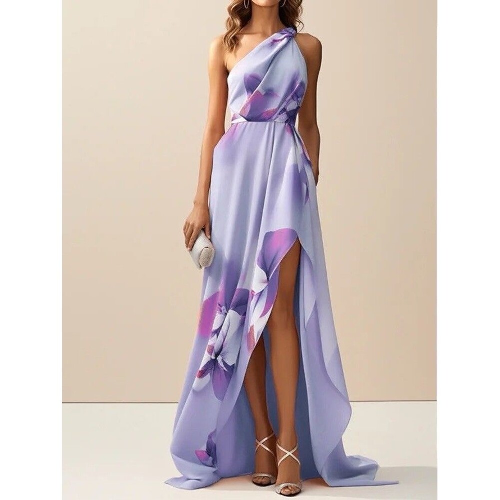 (W1) Fehaute Purple Floral One-Shoulder Slit A-Line Gown, Size 8, One shoulder